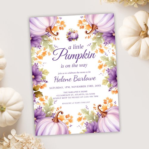 Cute Purple Little Pumpkin Baby Shower Invitation