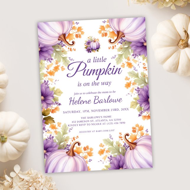 Cute Purple Little Pumpkin Baby Shower Invitation (Cute Purple Little Pumpkin Baby Shower Invitation)