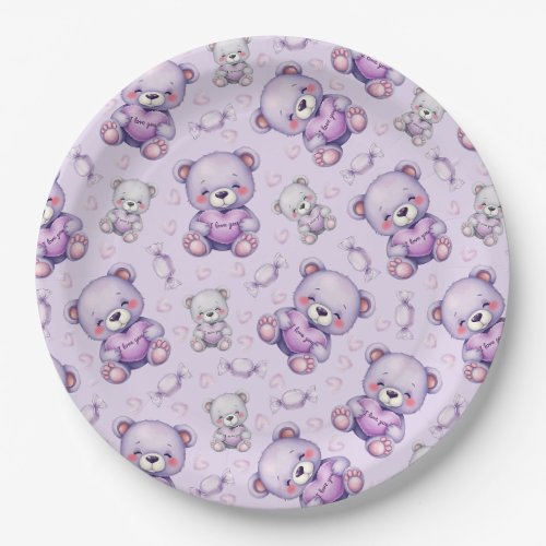Cute Purple Love Bear and Hearts Seamless Pattern Paper Plates