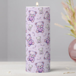 Cute Purple Love Bear and Hearts Seamless Pattern Pillar Candle