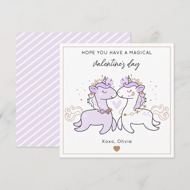Cute Purple Magical Unicorn Kids Valentine's Day  Note Card (Front/Back)