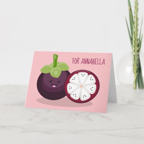 Cute purple mangosteen cartoon illustration card