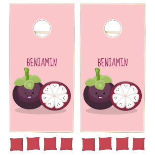 Cute purple mangosteen cartoon illustration cornhole set