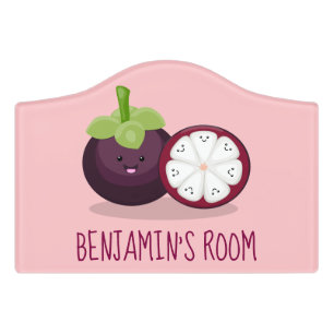 Cute purple mangosteen cartoon illustration door sign