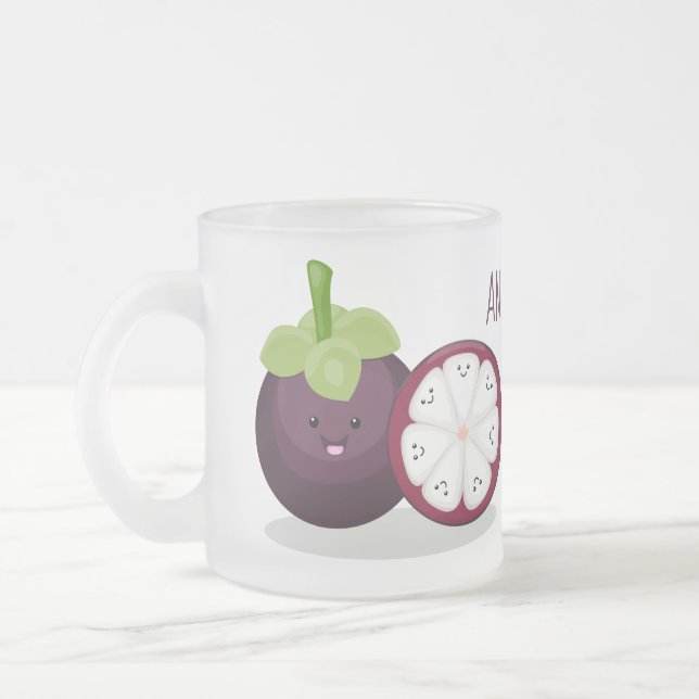 Cute purple mangosteen cartoon illustration frosted glass coffee mug (Left)