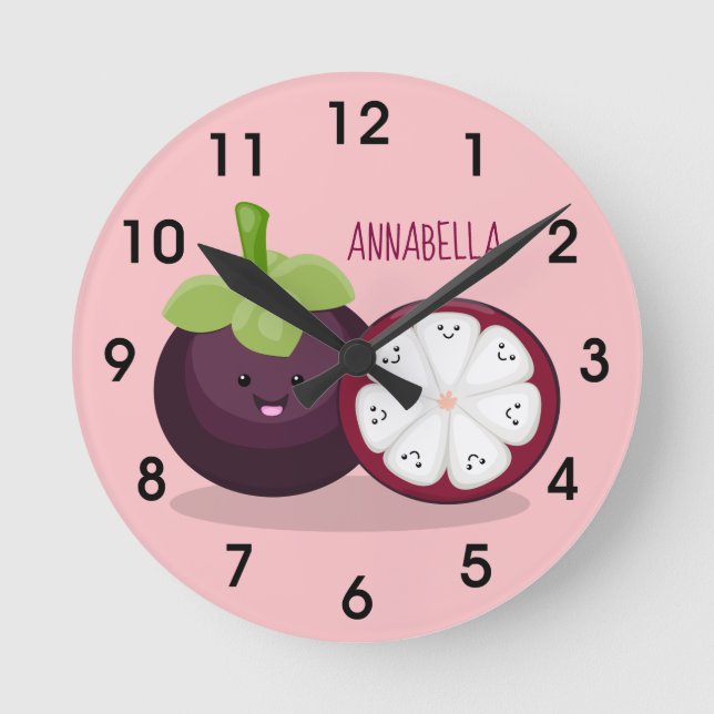Cute purple mangosteen cartoon illustration round clock (Front)
