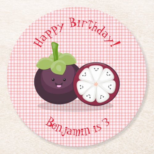 Cute purple mangosteen cartoon illustration round paper coaster