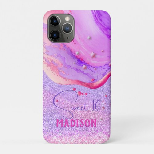 Cute purple marble art glitter monogram iPhone 11 pro case