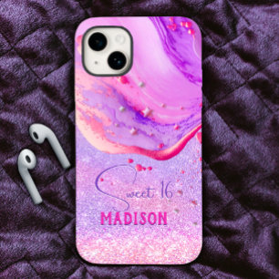 Cute purple marble art glitter monogram iPhone 15 case