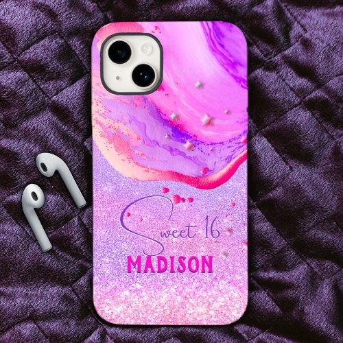 Cute purple marble art glitter monogram Case_Mate iPhone 14 case