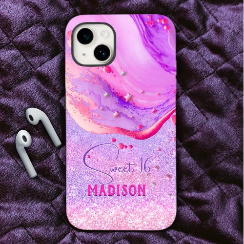 Cute purple marble art glitter monogram iPhone 15 case