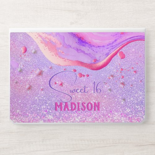 Cute purple marble art glitter monogram HP laptop skin