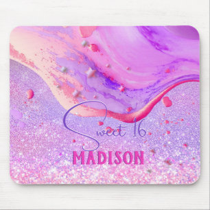 Cute purple marble art glitter monogram mouse pad
