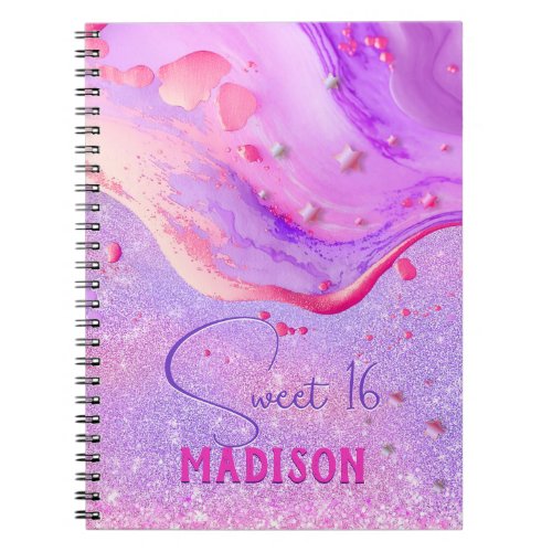 Cute purple marble art glitter monogram notebook