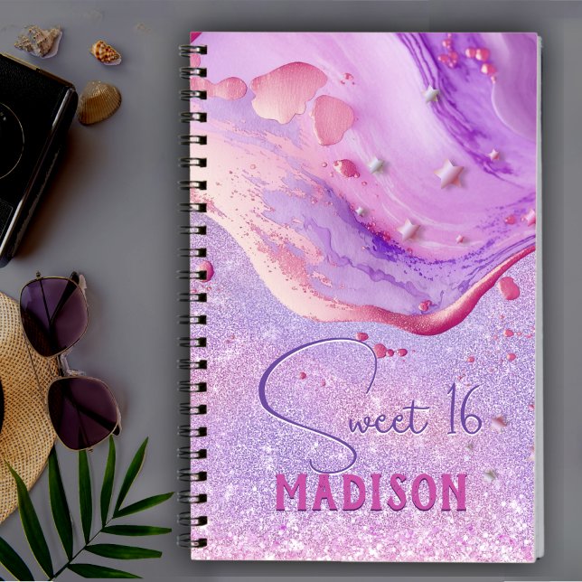 Cute purple marble art glitter monogram notebook (Creator Uploaded)