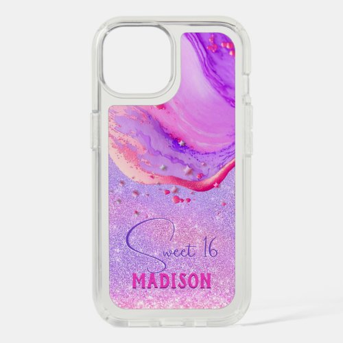 Cute purple marble art glitter monogram iPhone 15 case