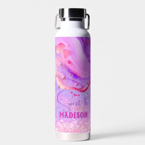 Cute purple marble art glitter monogram water bottle