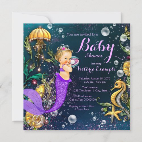 Cute Purple Mermaid Baby Shower Invitation