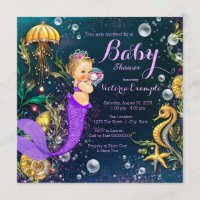 Cute Purple Mermaid Baby Shower Invitation