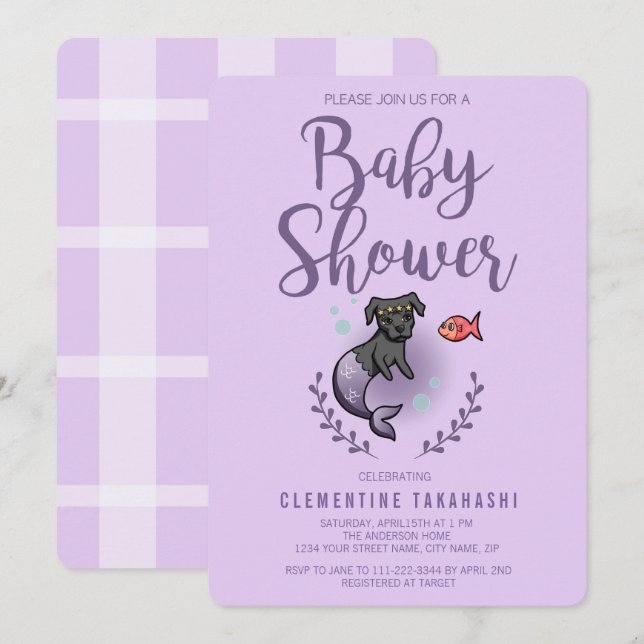 Cute Purple Mermaid Dog Baby Shower Invitation (Front/Back)