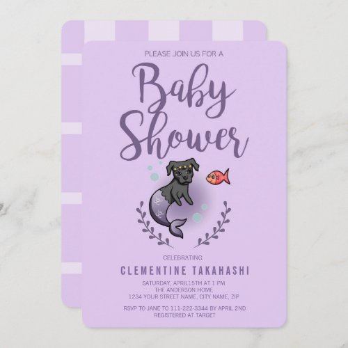 Cute Purple Mermaid Dog Baby Shower Invitation