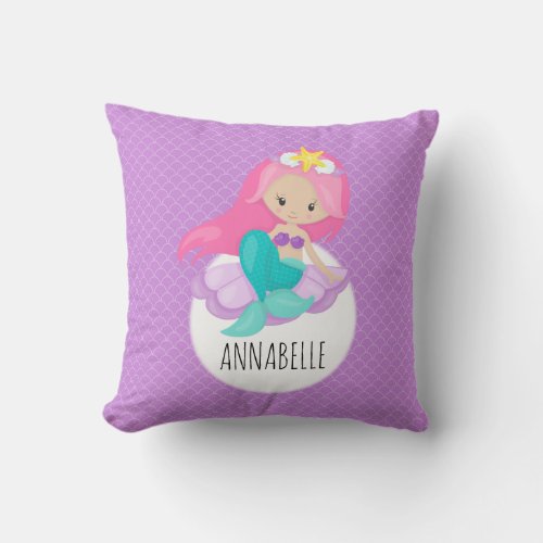 Cute Purple Mermaid Girl Princess Sea Shell Scales Throw Pillow