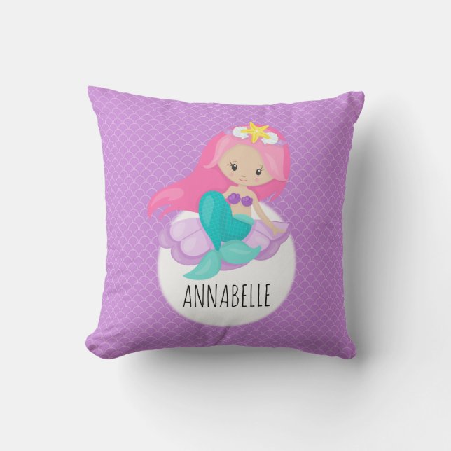 Cute Purple Mermaid Girl Princess Sea Shell Scales Throw Pillow (Front)