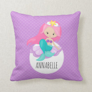 Cute Purple Mermaid Girl Princess Sea Shell Scales Throw Pillow