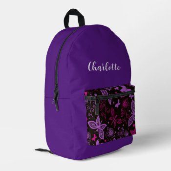 Cute Purple Monogram Butterfly Theme Girls Printed Backpack by idesigncafe at Zazzle