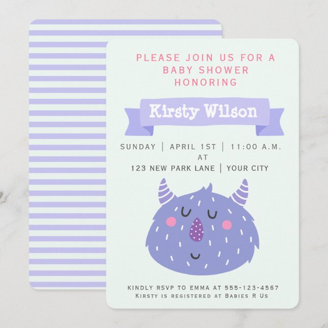 Cute Purple Monster | Baby Shower Invitation (Front/Back)