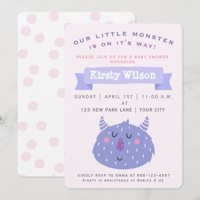 Cute Purple Monster | Baby Shower Invitation (Front/Back)