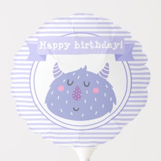Cute Purple Monster & Lilac Stripes  Kids Birthday Balloon