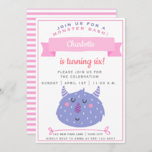 Cute Purple Monster Monster Bash Girls Birthday Invitation