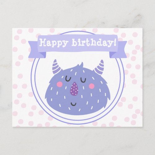 Cute Purple Monster  Pink Polkadots Kids Birthday Postcard