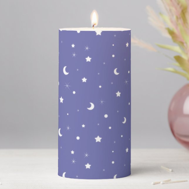 Cute Purple Moons and Stars Periwinkle Pillar Candle (In Situ)