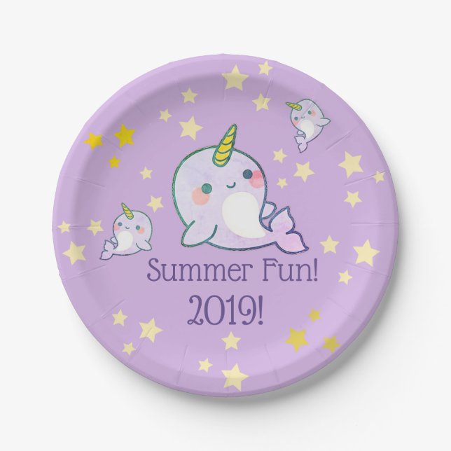 Cute Purple Narwhal Star Summer Fun Personalized Paper Plates (Front)
