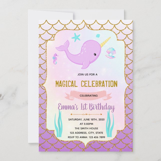 Cute purple narwhal theme invitation (Front)