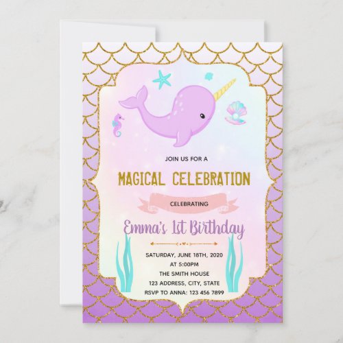 Cute purple narwhal theme invitation