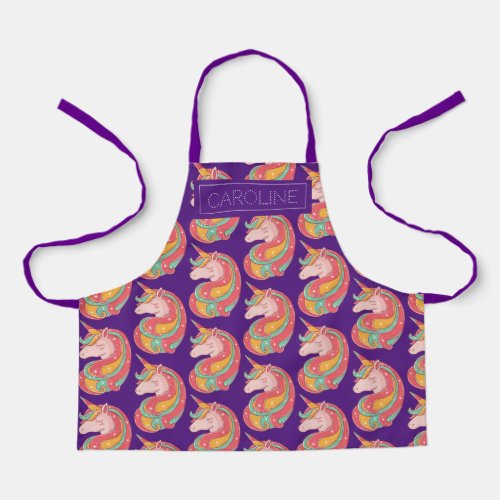 Cute Purple Orange Unicorn Pattern Name Kids Apron