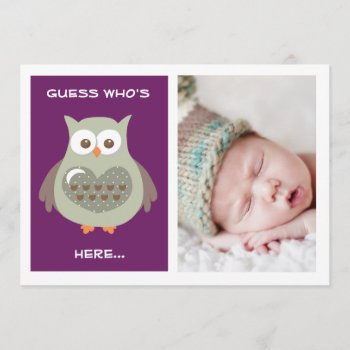 Cute Purple Owl Baby Announcement Photo Card by antiquechandelier at Zazzle
