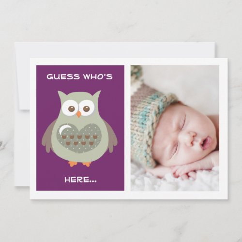 CUTE PURPLE OWL BABY ANNOUNCEMENT PHOTO CARD