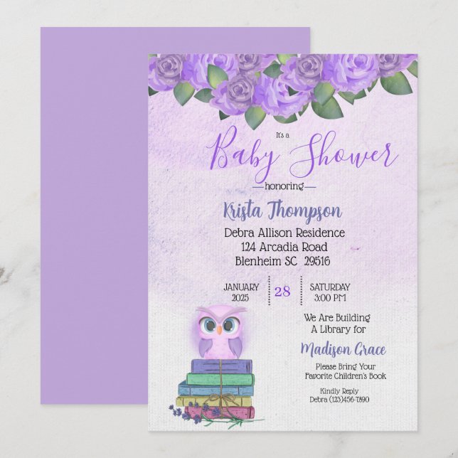 Cute Purple Owl Bring A Book Baby Shower   Invitation (Front/Back)