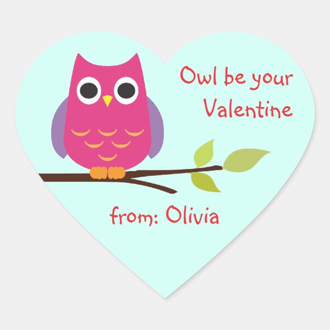 Cute purple owl classroom valentine personalized heart sticker (Front)