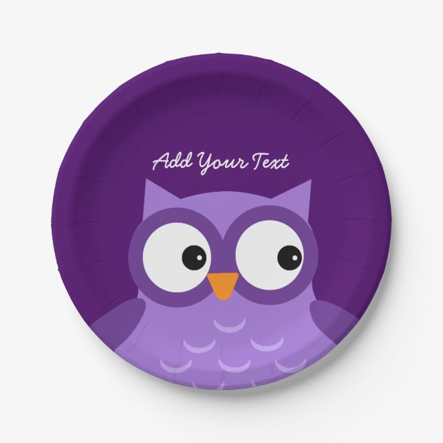Cute Purple Owl Custom Text A01C Paper Plates (Front)