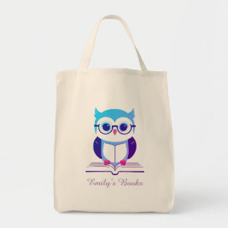 Cute purple owl on book personalized library book tote bag