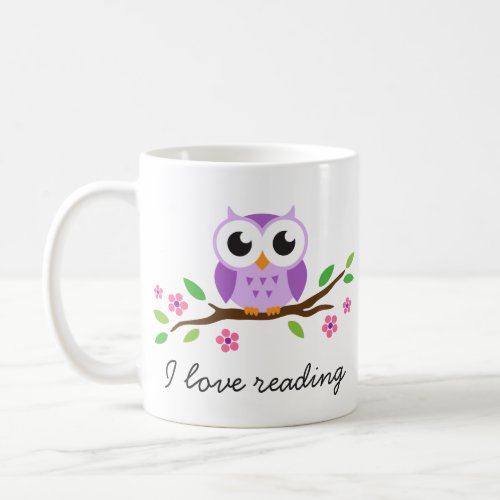 Cute purple owl on floral branch I love reading Coffee Mug