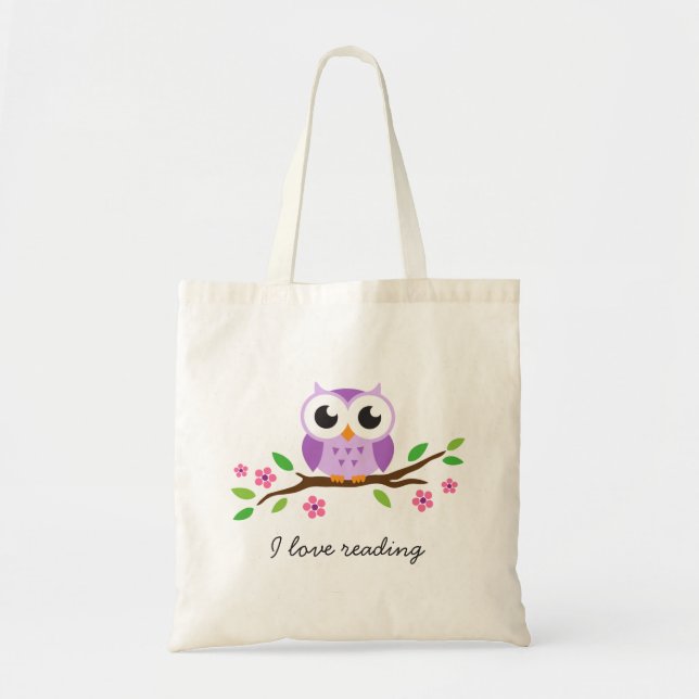 Cute purple owl on floral branch I love reading Tote Bag (Front)