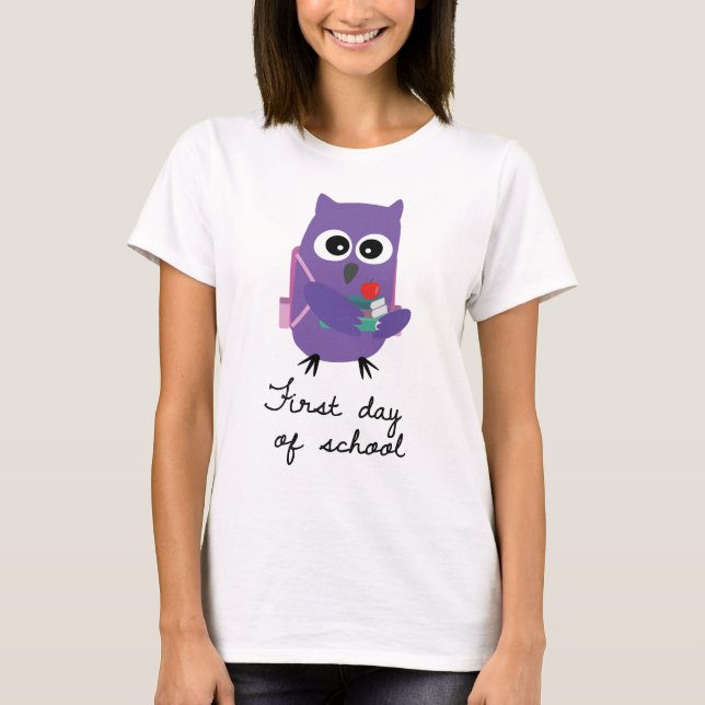 Cute, purple owl, owlet "First day of school" T-Shirt (Front)