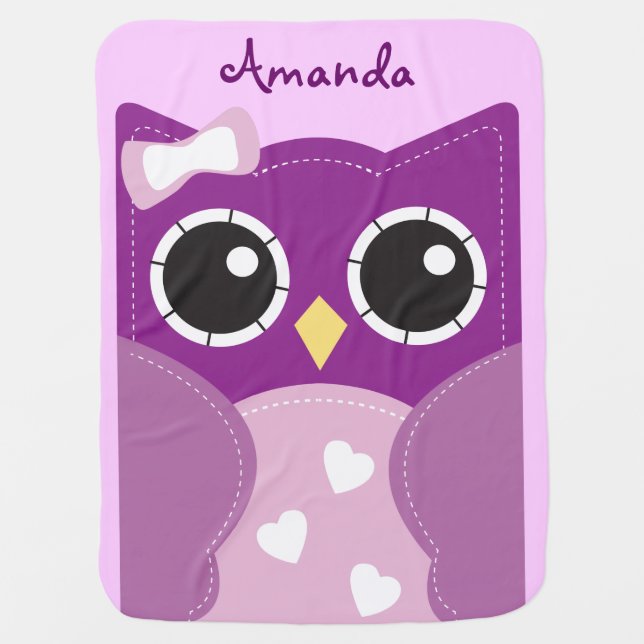 Cute Purple Owl Personalized Baby Blanket (Front)
