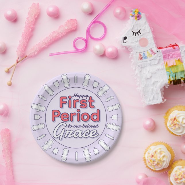 Cute Purple Pad Happy First Period Party  Paper Plates (Party)